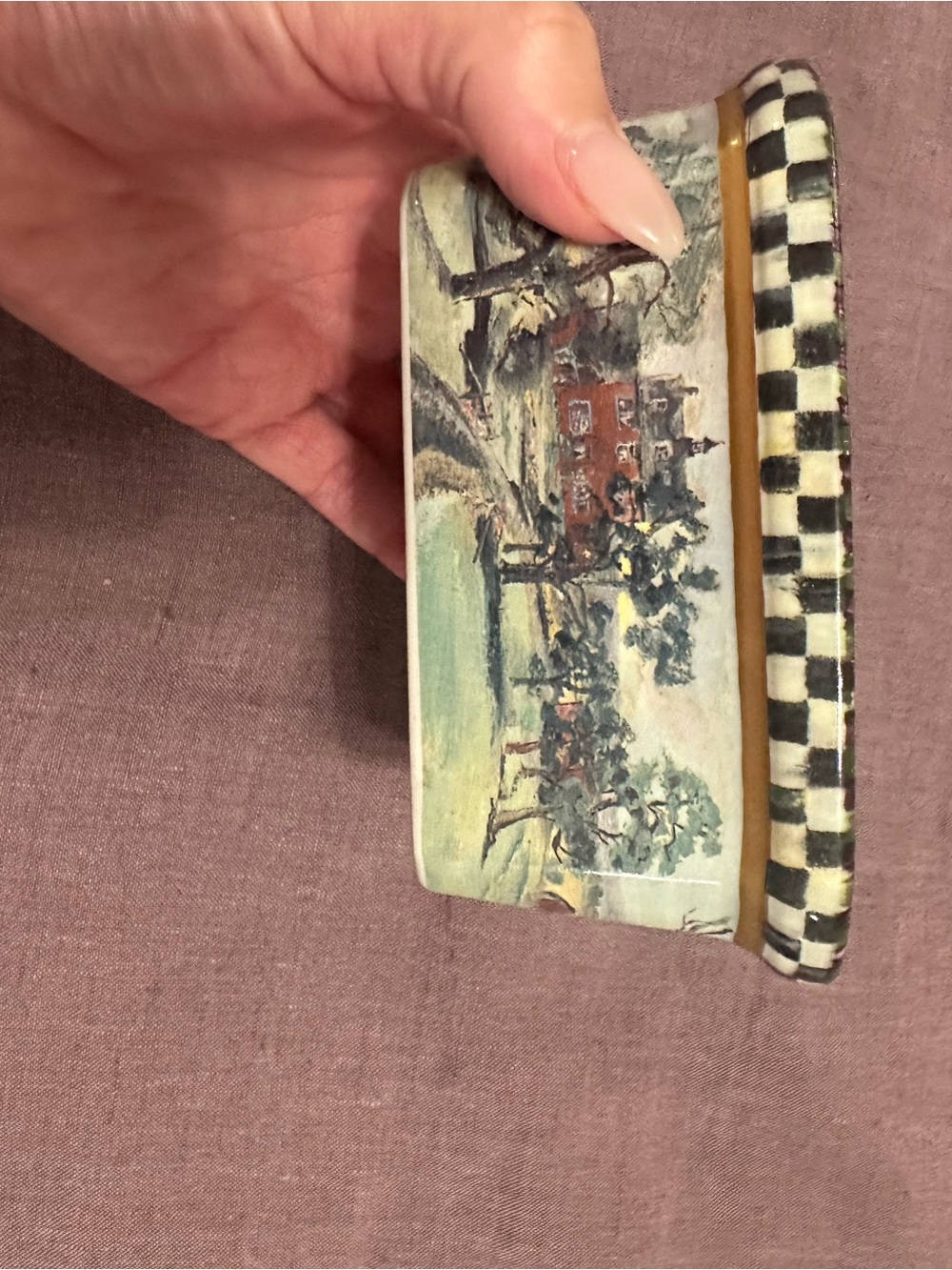 MacKenzie-Childs Hand-Painted Scenic Box with Black and Cream Checker Rim